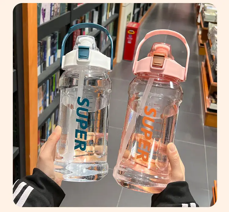 2000 ml Sport-Strohhalmbecher mit großem Fassungsvermögen, auslaufsichere Kunststoff-Sportwasserflasche mit Griff, abgestufte, schlagfeste Flaschen – Detail 3