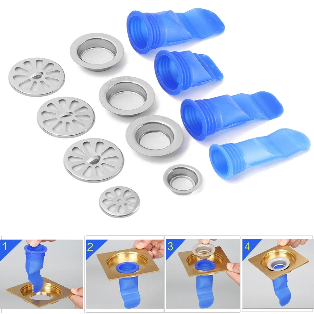 Lot de 2 bouchons de vidange de sol en silicone de 20,3 x 20,3 cm, tapis d'égout anti-odeur désodorisant pour cuisine, salle de bain et buanderie (gris