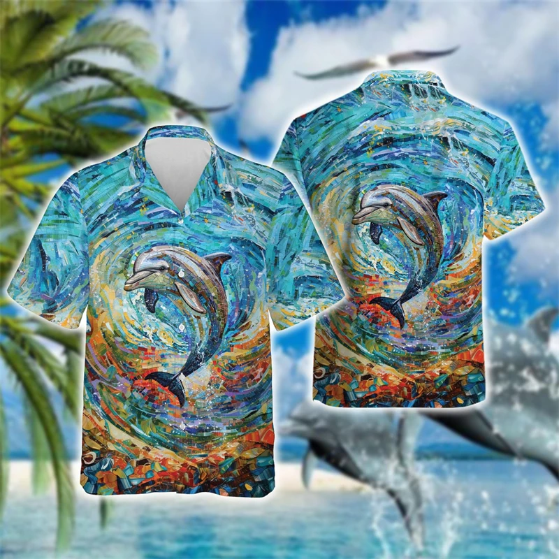 Aloha Hawaiian Dolphin 3D Printed Short Sleeve Shirts For Men Clothes Cute Seanimal Beach Shirt Funny Animal Women Blouses Tops