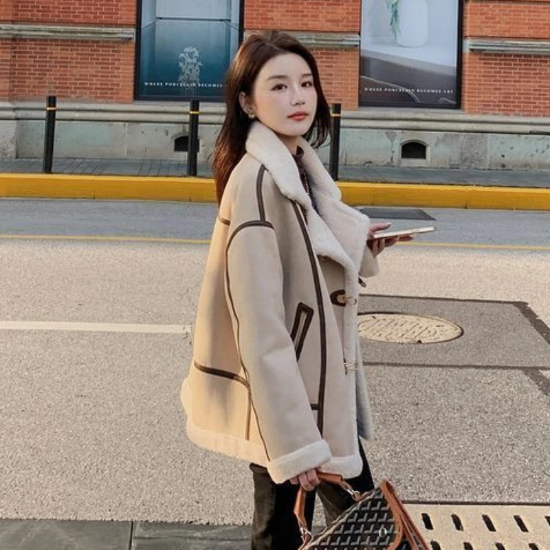 Women's Chic Lamb Wool Biker Jacket, Loose Fleece Warm Coat, Large Size, Casual Versatile Outerwear, Winter Fashion, New, 2024