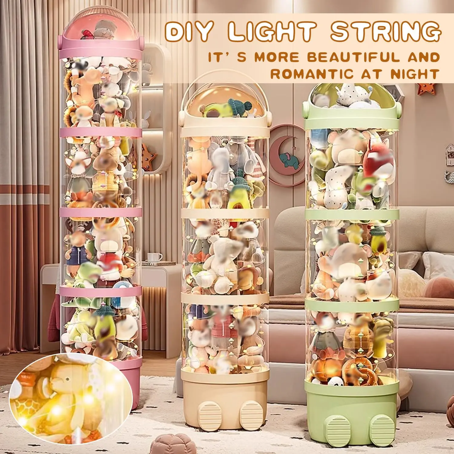 Large-Capacity Plush Toy Storage Bin Cartoon Doll Organizer Barrel Dustproof Stuffed Animal Storage Bucket for Kids No Dolls