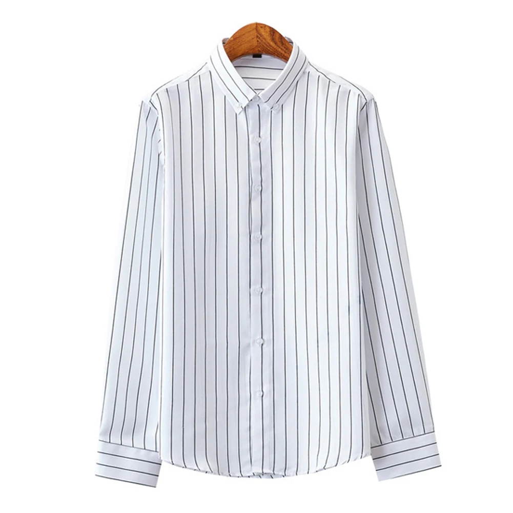 Mens Button Down Shirt  Casual Striped Design  Long Sleeve  Band Collar  Polyester Fabric  Perfect for Dressing Up