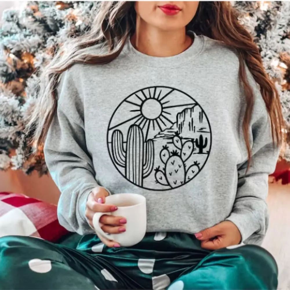 Adventure Life Pullover Women's Sweatshirt Nature Lover Sweatshirts Desert Plants Printed Hoodies Sweater Western Sportswear