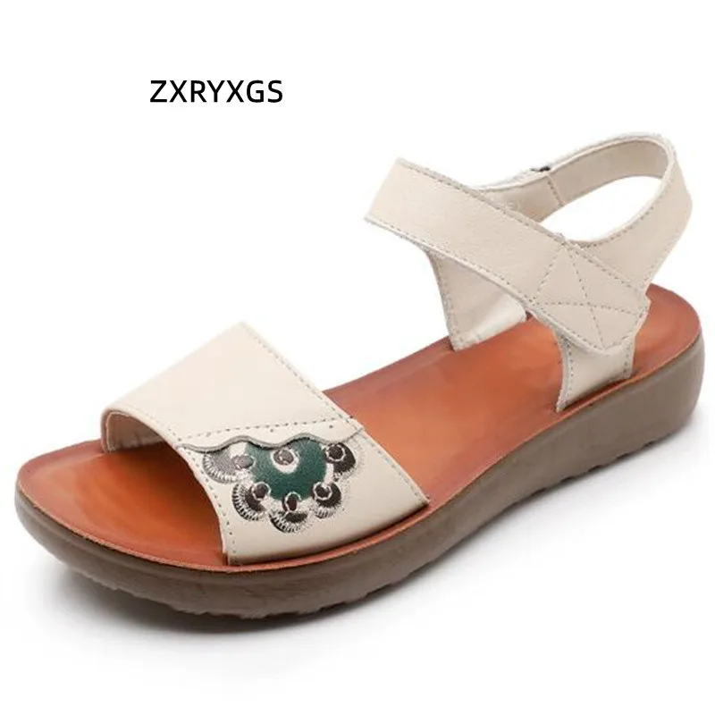 

ZXRYXGS 2022 New Summer Printing Real Leather Sandals Casual Fashion Sandals Flat Light Comfortable Mother Shoes Woman Sandals