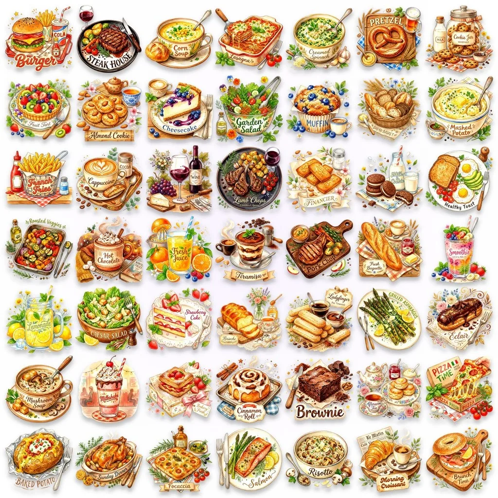 50Pcs 음식 일러스트레이션 PET 스티커 스낵 빵 디저트 패턴 일상 DIY 장식을위한 방수 투명 데칼 AnimeWorlds Store