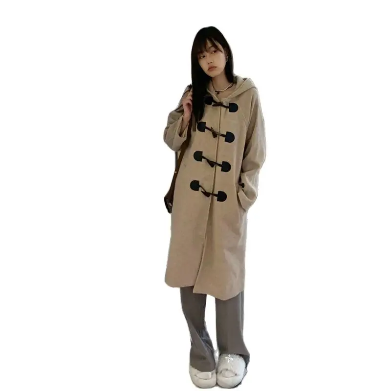 

2022 Autumn And Winter New Trench Coats Korean Hooded Cowhorn Buckle Hepburn Casual Woolen Cloth Free Shipping