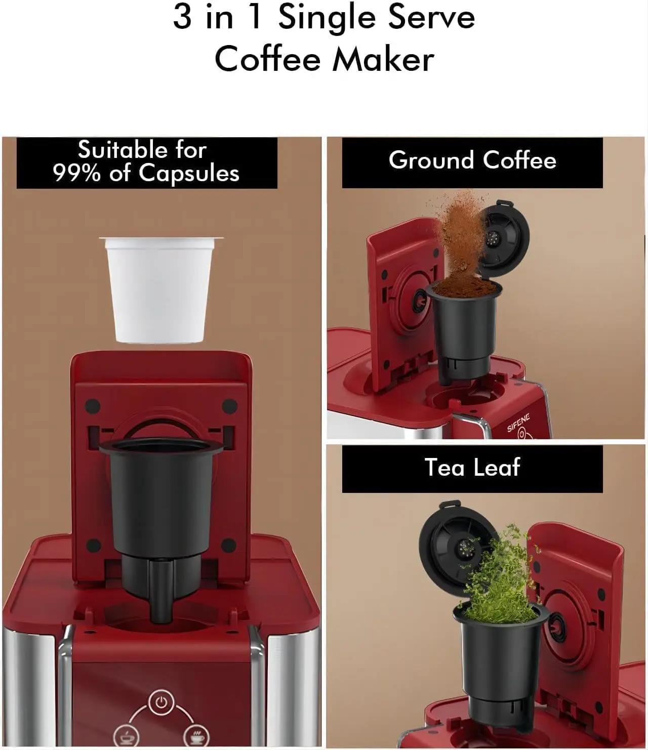 SIFENE Single Serve Coffee Machine, 3-in-1 Pod Coffee Maker for K-Pod Capsule, Ground Coffee, and Leaf Tea with 6-10 oz Cup Size 5