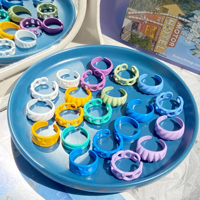 Colorful Ring Set Wholesale 2022 Summer Fashion Fruits Flowers Geometric Chain Candy Color Opening Rings Women Finger Jewelry