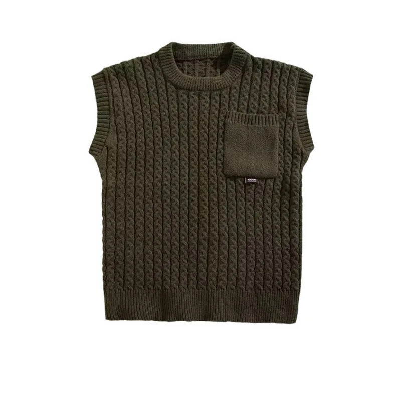 New Warm Sleeveless Knitted Sweater Korean Edition Men And Women's Thread Texture Academy Style Pullover Sweater Tank Top Khaki