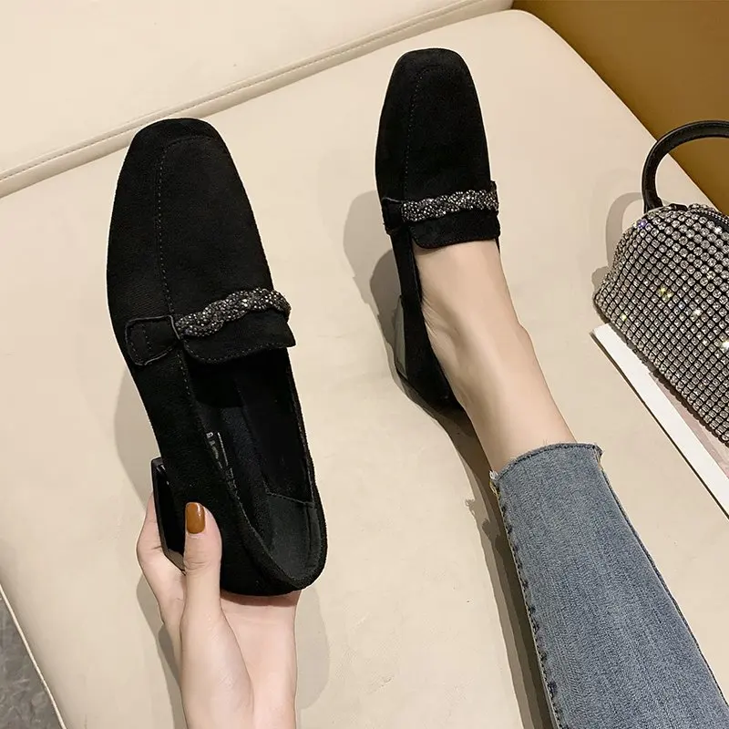 Women Shoes Women Flats Crystal Chain Flock Loafers Women Low Heels Espadrilles Women Shoes Ballerina Retor Square Toe Nubuck Velvet Moccasins Flats