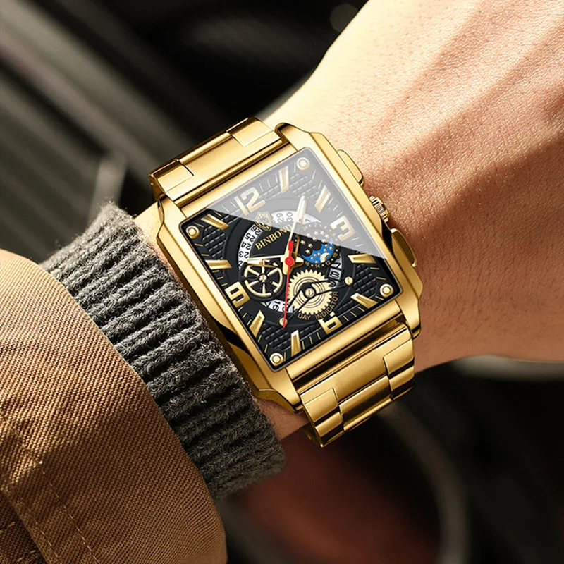 2023 New Square Gold Black Watch Men Top Brand Luxury Stainless Steel Waterproof Luminous Fashion Hollow Out Quartz Wristwatches