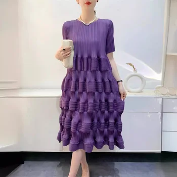 Miyake Pleated Dress Women's 2024 Spring New Fashion Design Solid Color Loose Large Size High Waist Splicing Cake Skirt 1