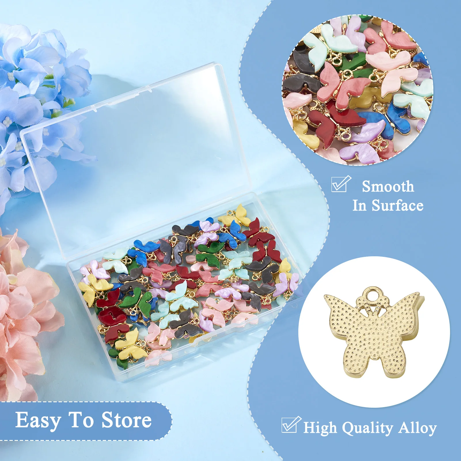 54Pcs/Box Acrylic Alloy Metal Butterfly Charms Animal Pendant Mixed Color For Women Necklace Bracelet Choker Jewelry Accessories