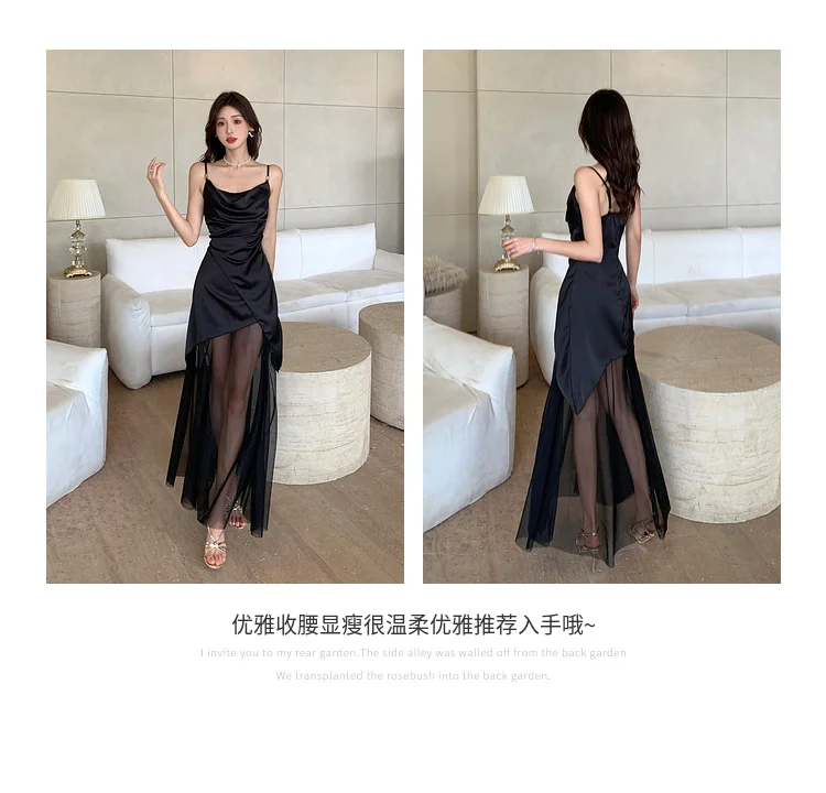Sexy Black Dresses for Women Summer New Spaghetti Strap Mesh Patchwork Slim Evening Party Dress Prom Robe French Vestidos Mujer