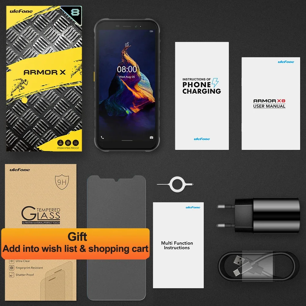 Ulefone Armor X8 Rugged Smartphone 5.7 Inch 4GB+64GB Waterproof Mobile Phone 5080mAh Android 11 IP68 4G Cell Phone Use All NFC