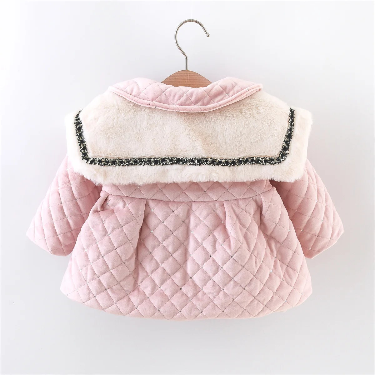 Winter Baby Girl Large Neck Thick Sequin Quilted Single Breasted Solid Color Cotton Filled Warm Windbreaker