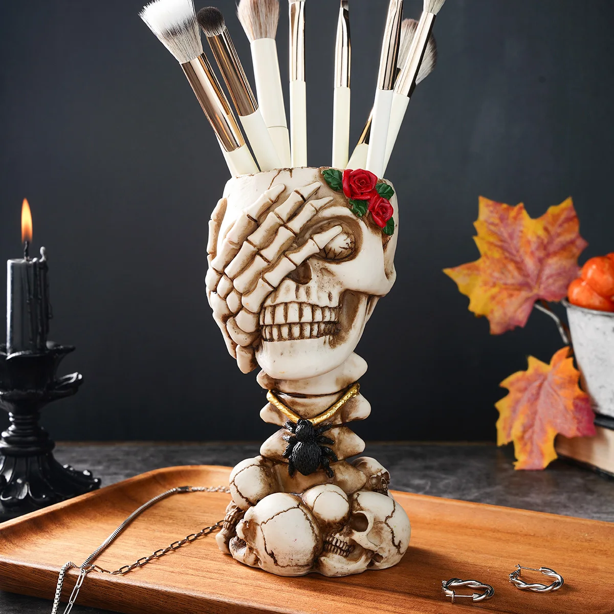 1PC,Halloween Decor resin material, vintage and retro style. Don't listen, don't look, not mention the skull storage pen holder