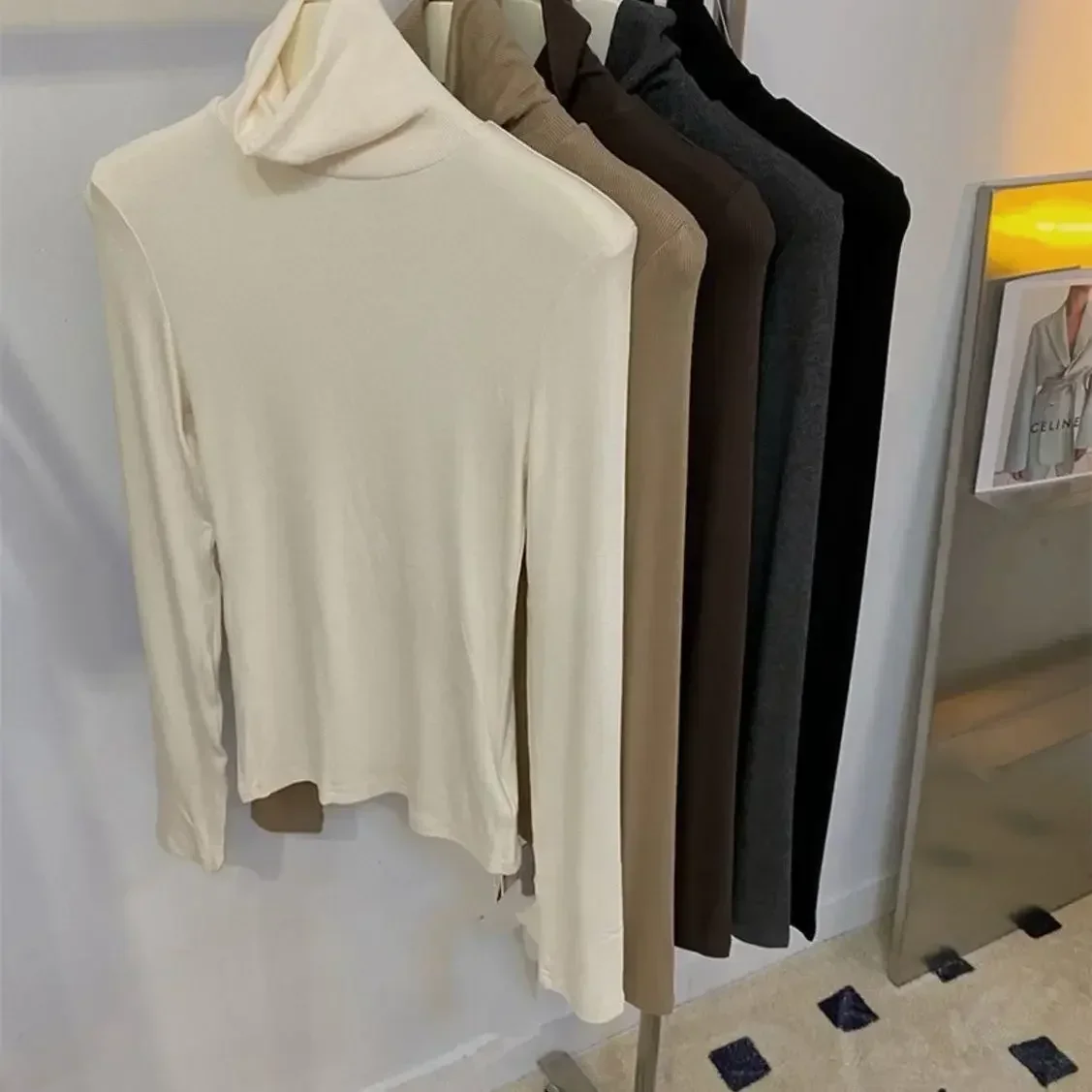 Wholesale Sexy High Strecth Fleeces Top Base Slim T Shirts Women 2023 New Autumn Winter Long Sleeve Turtleneck Solid T Shirt
