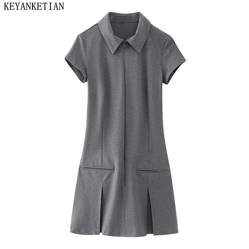 

KEYANKETIAN 2024 New Launch Women's Polo neck Zipper Slim Foldable Dresses Spring British style Gray Short Sleeve Mini Dress