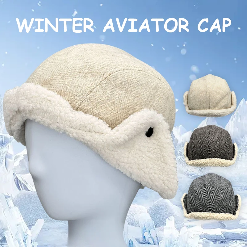 

Winter Aviator Cap Unisex Herringbone Pattern Cap Thicken Warm Russian Hat Sherpa Lined Trapper Hat With Ear Flap