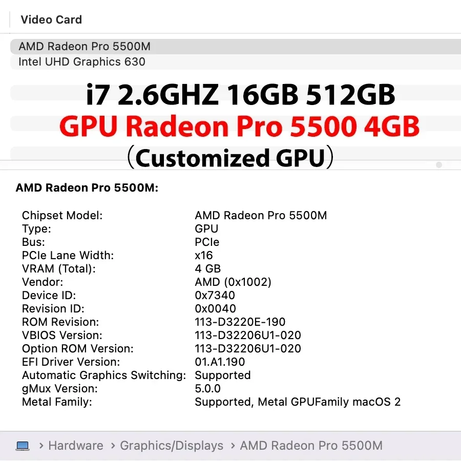 オリジナルA2141マザーボードGPU Radeon Pro 5500/5300 4GB MacBook 