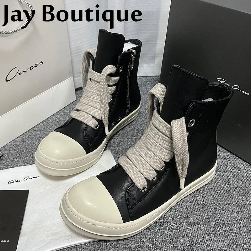 Rick Vintage Design Owens Men's Shoes Thick Shoelace Fashion High Top  Platform Black Leather Casual Women's chunky Sneakers