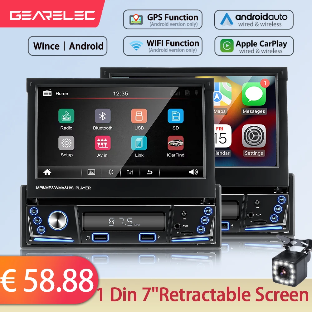 1 Din Car Stereo Android Audio Radio Bluetooth 1 Din Carplay Android Auto 7 "Hd Touch Screen Retrattile Lettore Multimediale Mp5 Tf Fm Usb Player