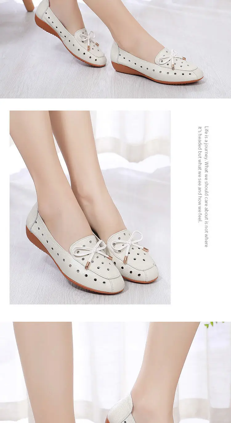 2022 Summer Mom Cowhide Leather Moccasins Woman Slip On Wedges Shoes Designer Breathable Hollow Out Bowtie Ballet Flats