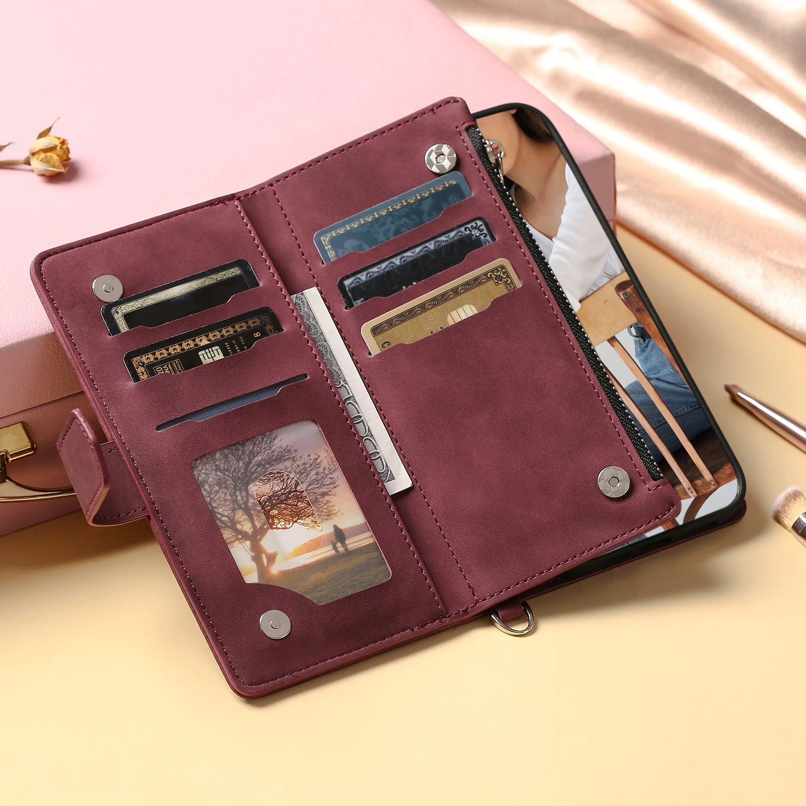 Leather Crossbody Flip Zipper Wallet Phone Case with Lanyard Cover