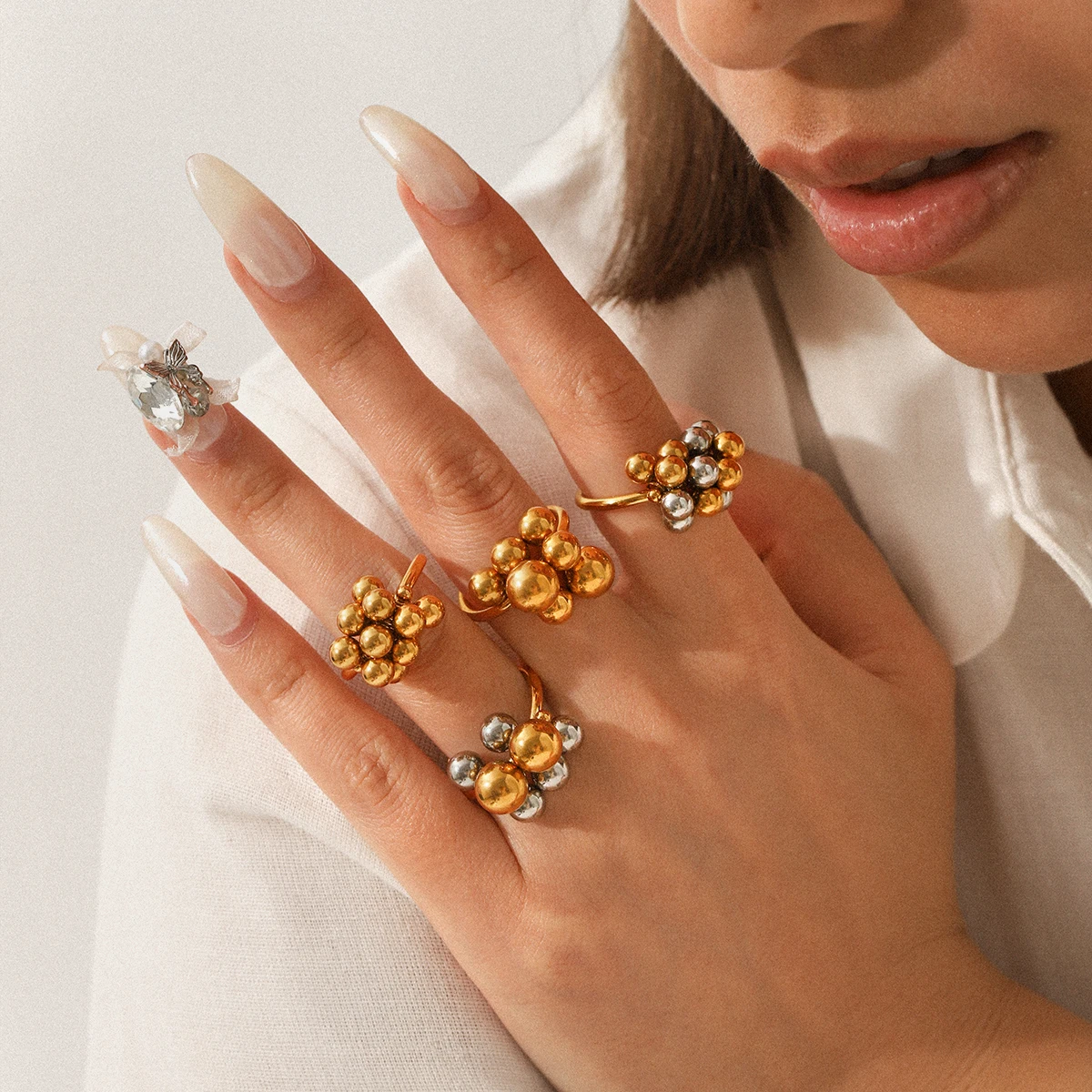 18K vergoldeter Perlenring für Damen, Vintage-Statement-Ring, hypoallergen, 316L Edelstahl, wasserdicht, Schmuckgeschenk