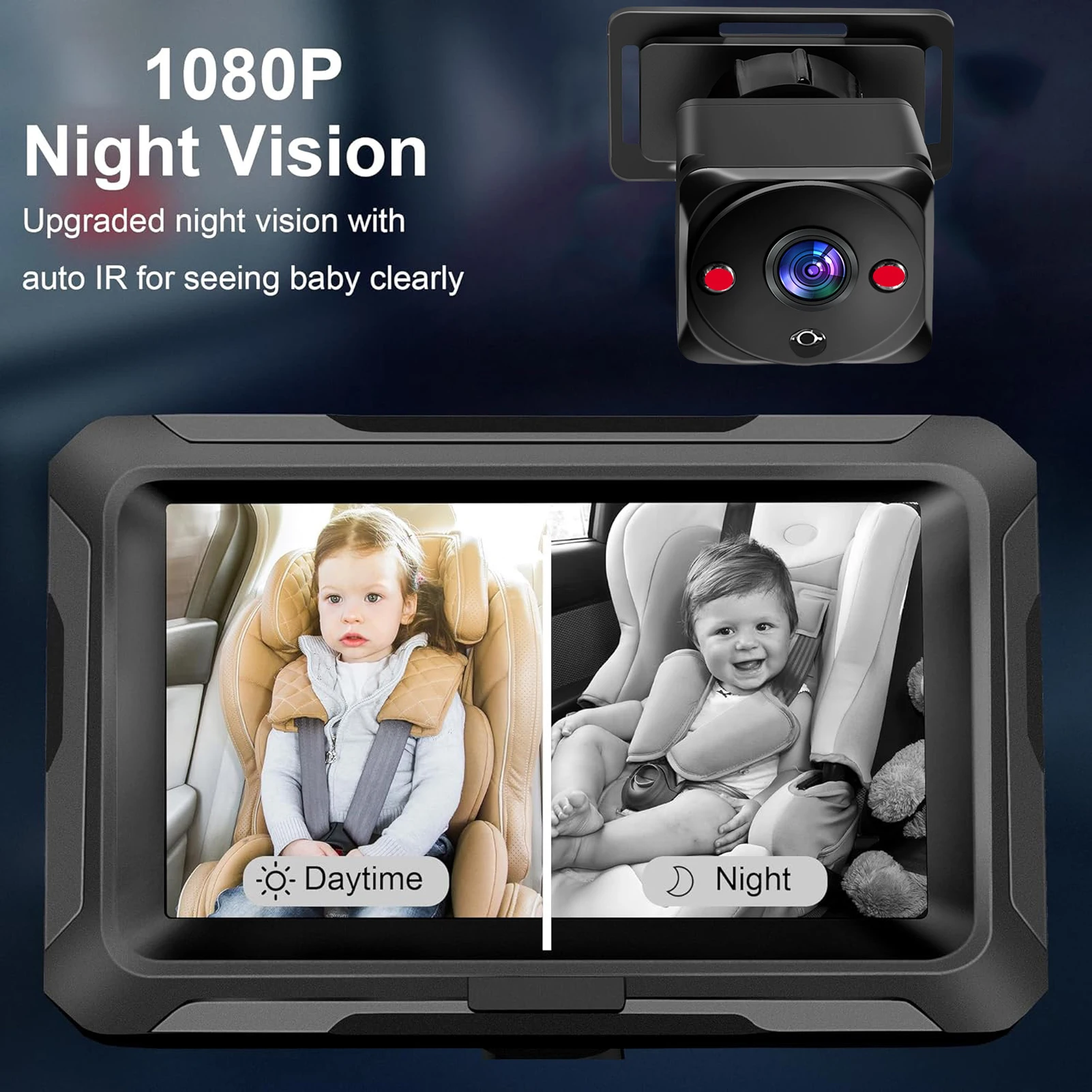 1080P Baby Car Camera, 4.3" Baby Monitor with Night Vision Function and 150° Wide View Angle, 360° Rotatable Rear Facing Seat Mi