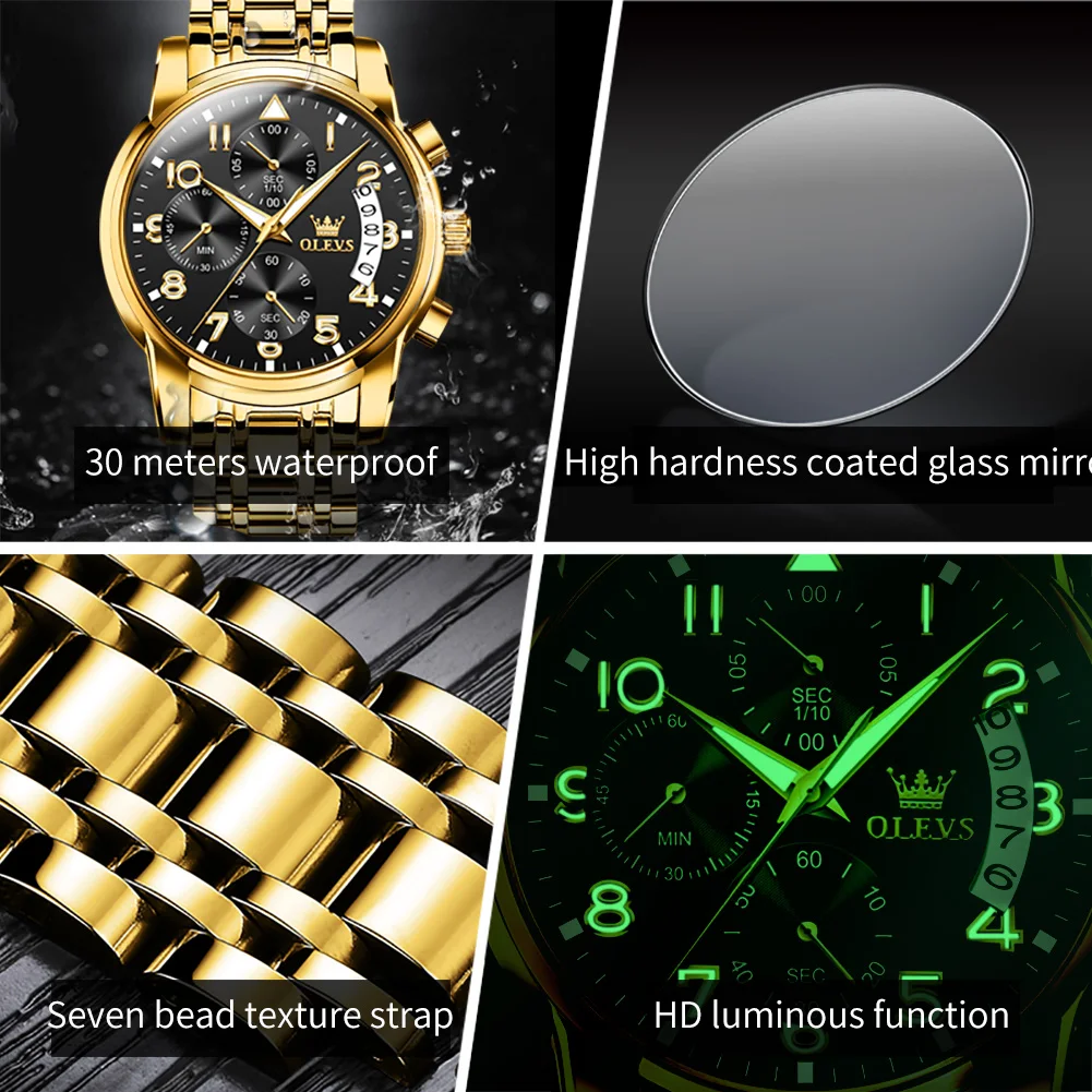 OLEVS Gold Quartz Watch for Men Stainless Steel Waterproof Multifunctional Chronograph Business Mens Watches Relogio Masculino