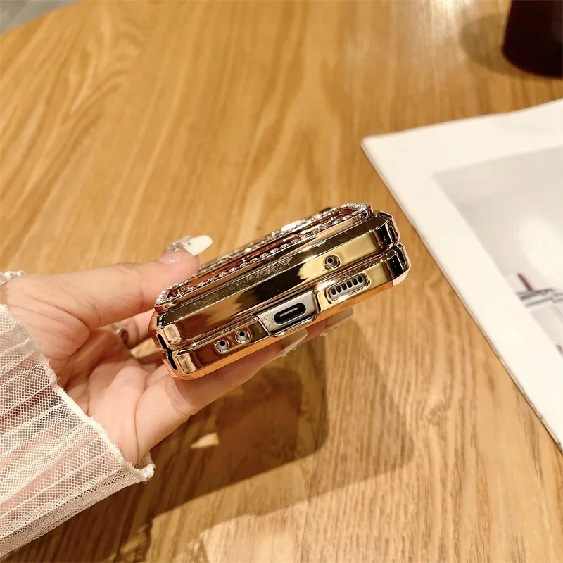 Phone Case Samsung Galaxy Z Flip 6 5 4 3 5G Rhinestone Camera Edge Glitter Trim Ring Hinge Electroplated Plastic Back Cover