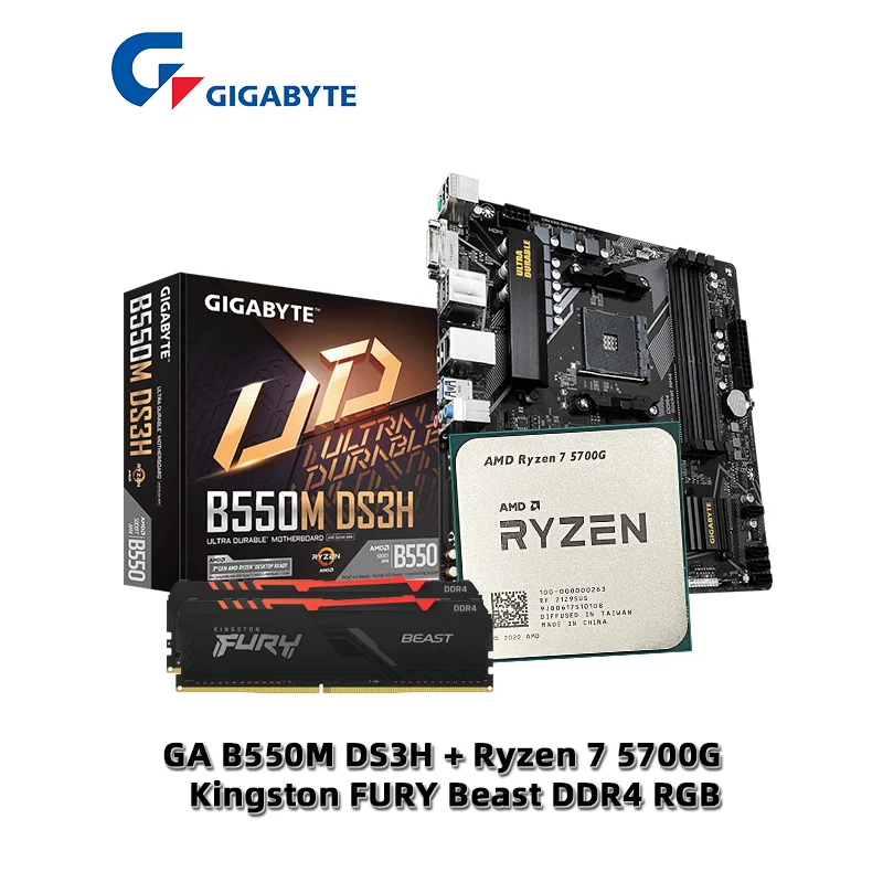 AMD Ryzen 7 R7 5700G CPU + GA B550M DS3H 마더보드 + Kingston FURY Beast DDR4 32G (16G * 2) 3200 MHz RGB RAMs Suit, 소켓 AM