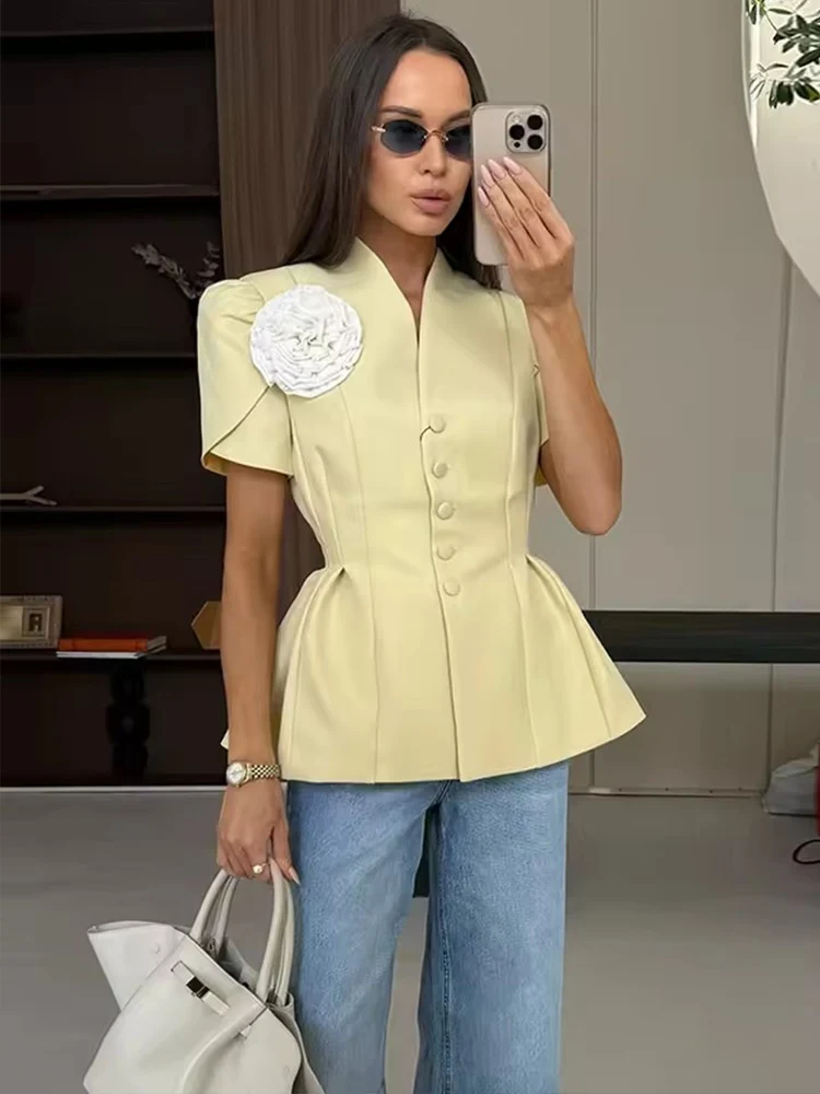 2025 Elegant Slim Ruffles 3D Flower Blazer Coat Women Summer Single Breasted Pleated Short Puff Sleeve Jacket Office