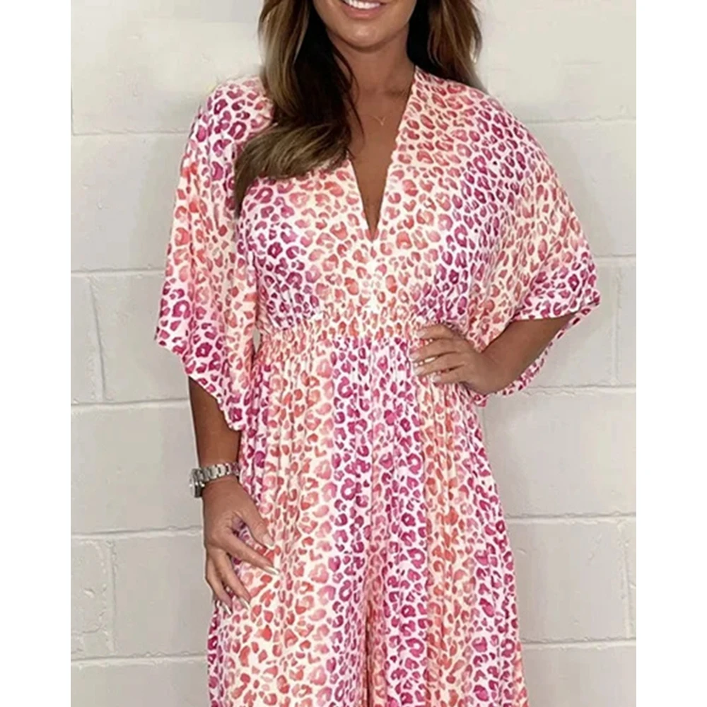 ElegantWomen Leopard Print Short Sleeve Wide Leg Jumpsuit Sexy Plunge Casual Jumpsuits One Piece Outfits Femme Vacation Wear