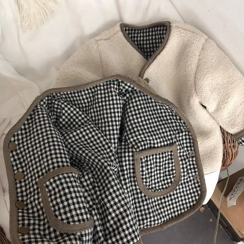 Kids Autumn and Winter Warm Jacket Children's Two Sides Wear Baby Padded Thickened Plaid Jacket Girls Lamb's Wool Plaid Cardigan