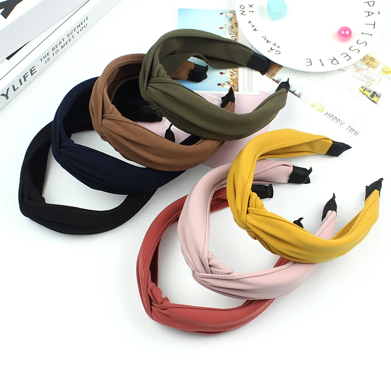 High Grade Solid Color Fabric Handcrafted Cross Knotted Hair Band With Wide Edge Headband For Women Cross Knot Hair Accessories 2014 cross border sales of new wide edge design flower cloth hair accessories with teeth non slip headband