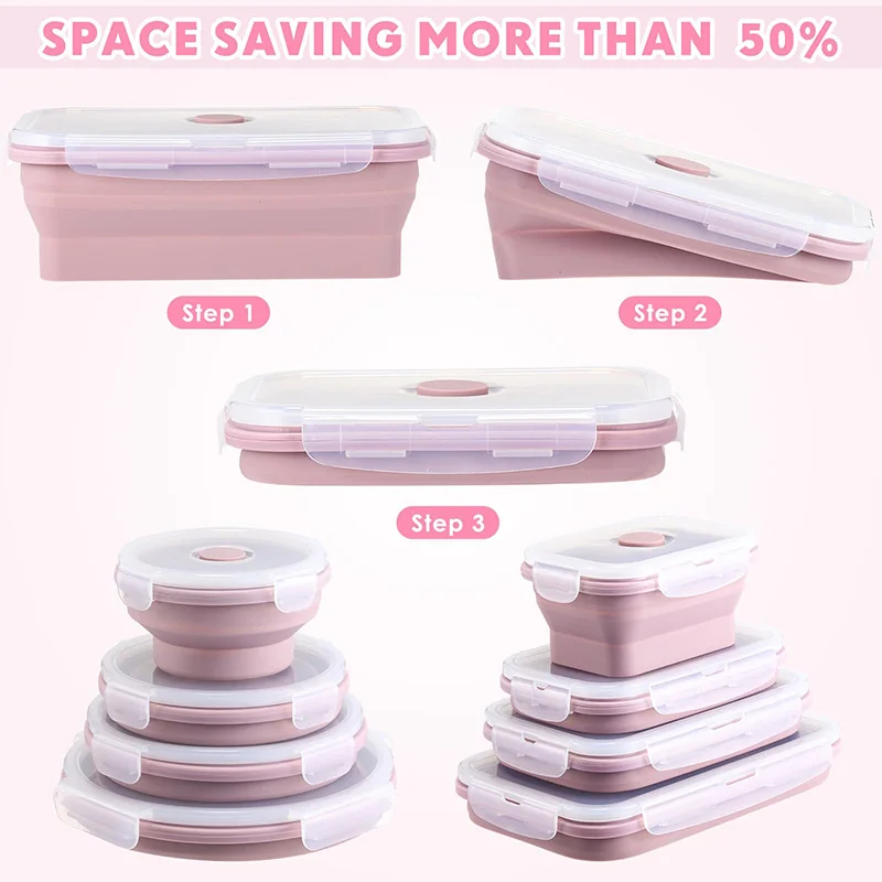 Collapsible Food Storage Containers Foldable Silicone Lunch Containers with Lids, Rectangle Collapsible Bowls Round Food Bowls