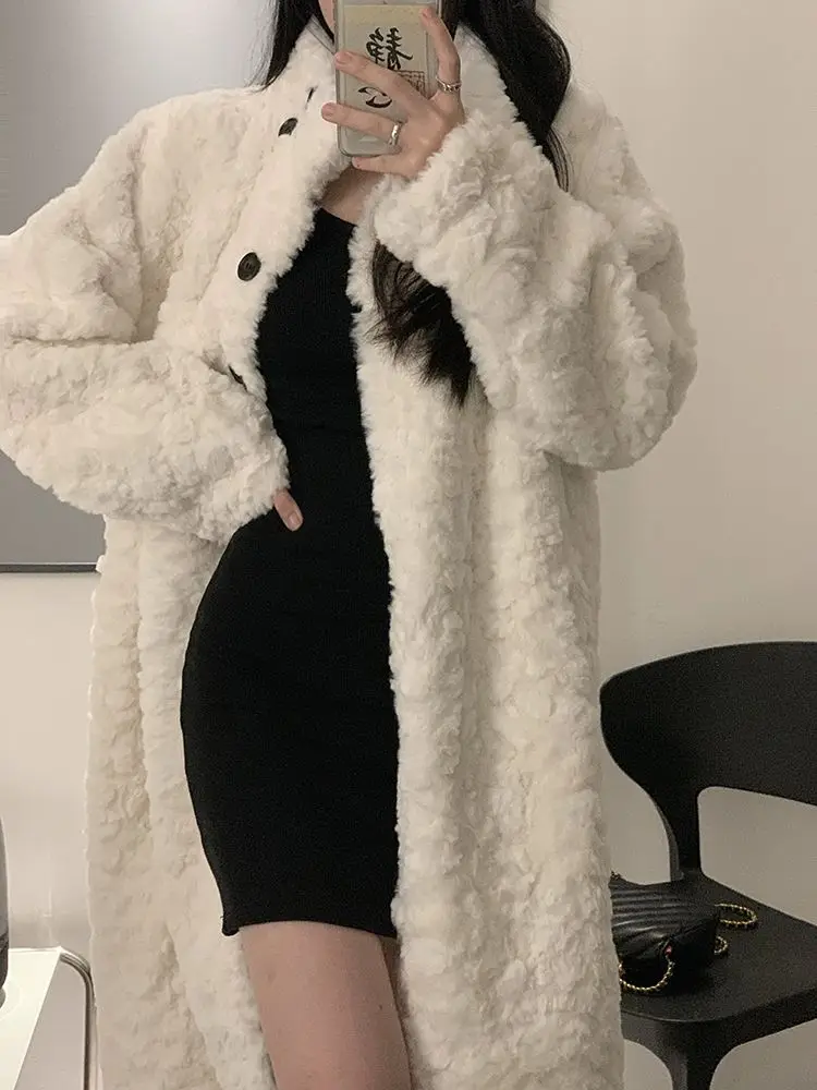 Winter Lambswool Coat Women Warm Faux Fur Jacket Thick Mid-length Fluffy Jacket Luxury Stand Collar Long Sleeve Overcoat Korean