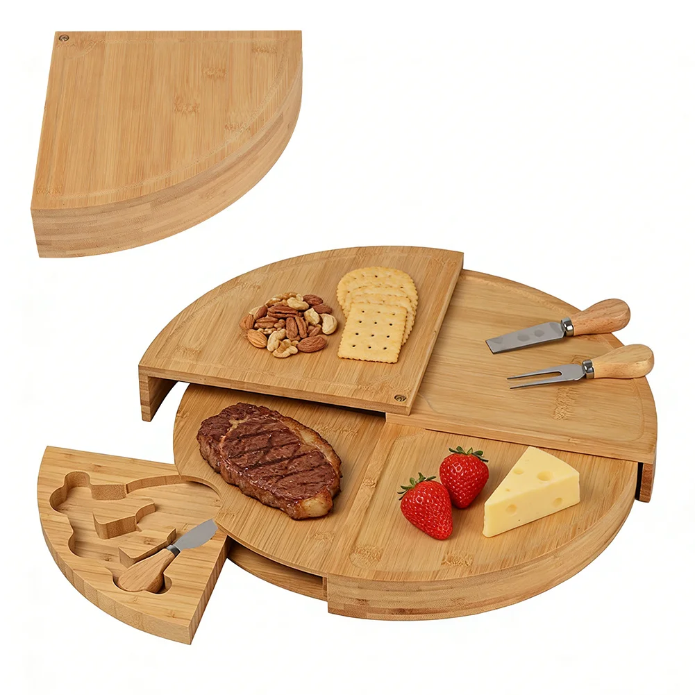 Bambus-Käsebrett, Rundes Serviertablett mit Messerset, Leicht zu Reinigendes Charcuterie-Servierbrett mit Drehbarem Messerschubfach – Detail 1