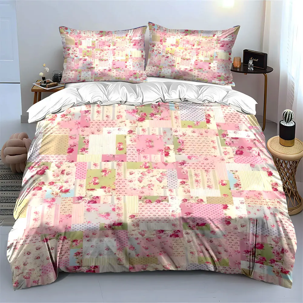 Chic Floral Patchwork Bedding Set 3PCS Vintage Pink Rose Print Duvet Cover with Pillowcases Cottage Style Bed Linen for Girls 2