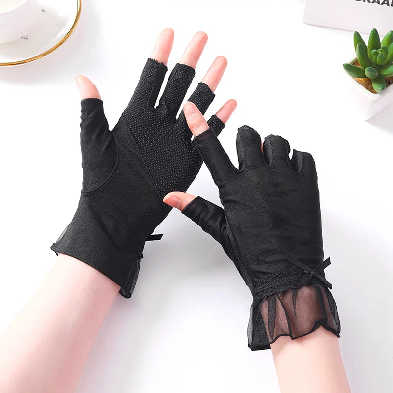 

Перчатки женские солнцезащитные, тонкие кружевные, с открытыми пальцами, для вождения и прогулок, для весны и лета, черные