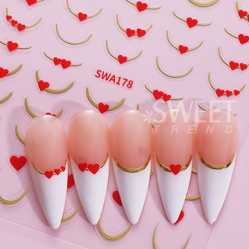 4pcs Metal French Line Nail Stickers Red Love Heart Striped Line Adhesive Slider Nail Decals DIY Valentine's Manicure Decoration