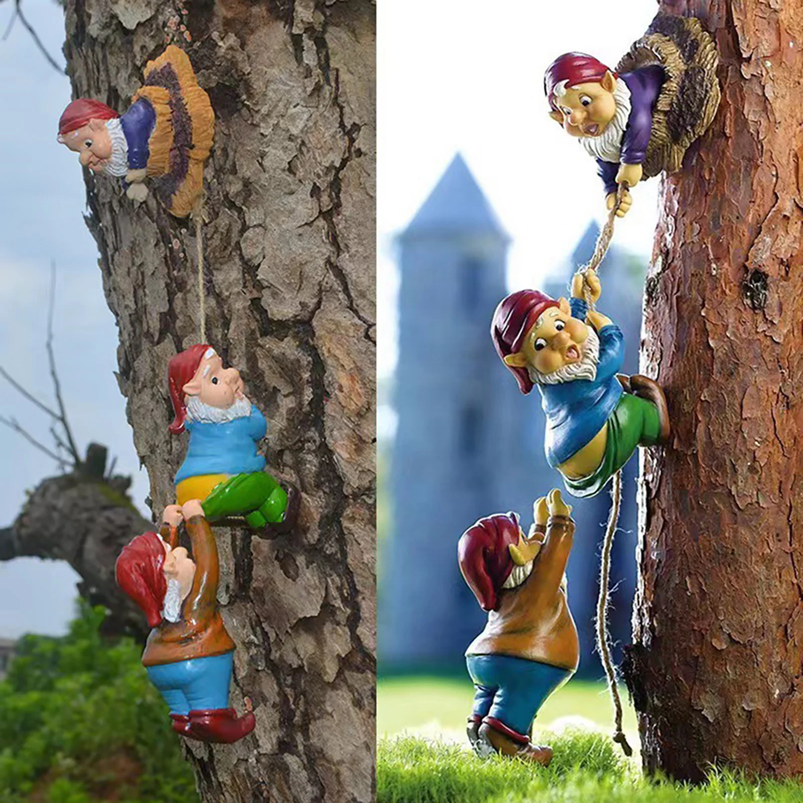 Cartoon Dwarf Funny Elf Gnome Climbing Tree Sculpture Statue Resin Craft Figurine Ornament Outdoor Garden Hanging Decoration