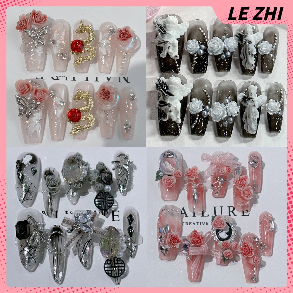 

Summer Flower Romantic Press on Nails Art Long Coffin Chinese Dragon Bow Rhinestones Detachable Fake Nail Tips Women's Gift