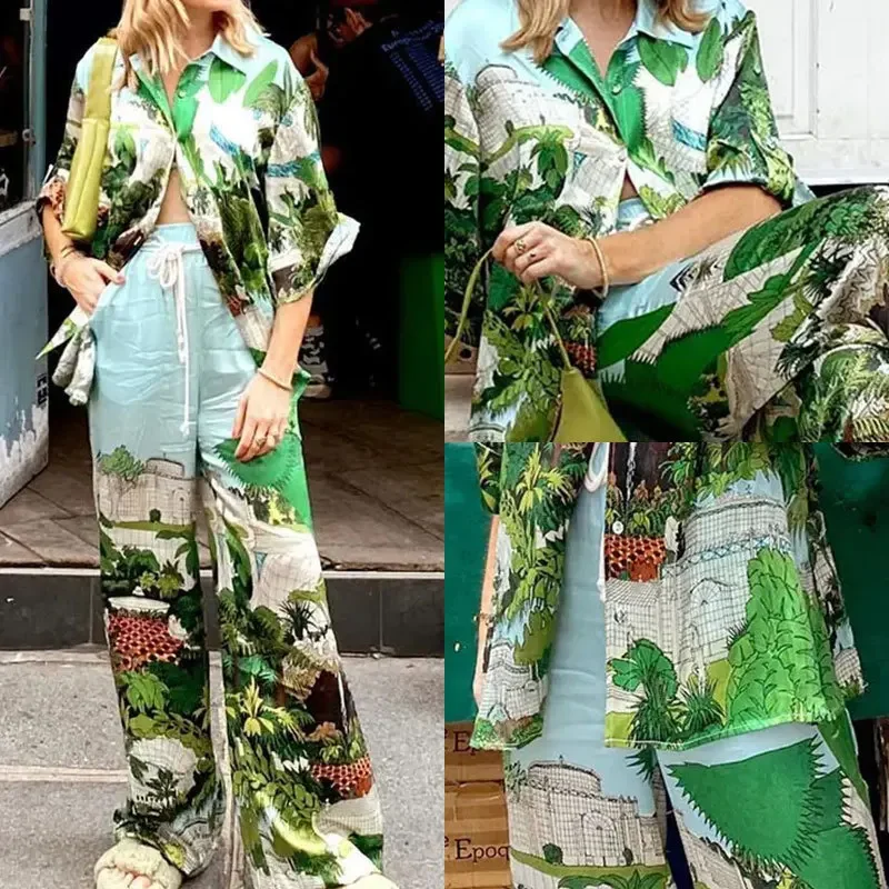 2024 New Summer  Women's Printed Short-Sleeve Pants Suit, Summer Long Pants Women's Vacation Beach Leisure Suit