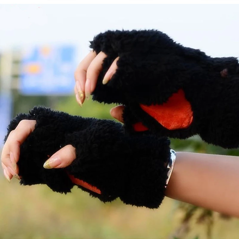 Cat Paw Gloves Winter Cute Cartoon Cat Girl Open Finger Gloves Thickened Fluffy Bear Paw Half Finger Gloves images - 6