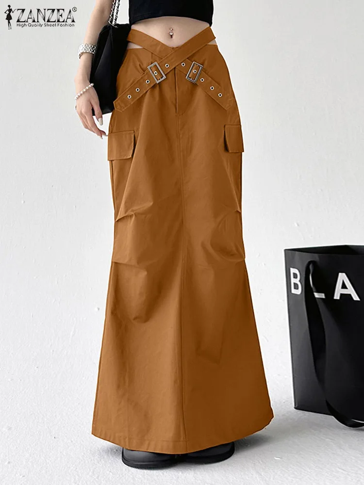 

2023 Summer Cross Belted Faldas ZANZEA Y2K Women Cargo Skirts Fashion Multi-Pocket Special Jupe Holiday Solid Wrapped Maxi Skirt