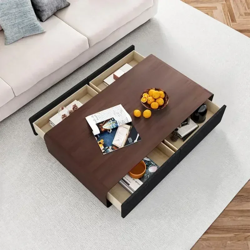 Walnut Black Modern 51" Rectangular Coffee Table, Wood Coffee Table with Storage, 4 Solid Wood Drawers, Fully-Assembled
